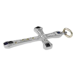 9ct White Gold Single Cut White and Yellow Diamond and Sapphire Cross Necklace
