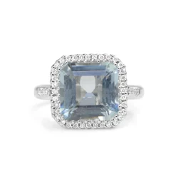 18ct White Gold Square Aquamarine and Diamond Halo Ring
