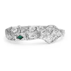 10ct White Gold Synthetic Emerald and Old Cut Diamond Art Deco Bracelet
