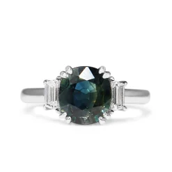 18ct White Gold Teal Sapphire and Step Cut Trapezoid Diamond 3 Stone Ring