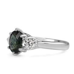 18ct White Gold Teal Sapphire and Diamond 3 Stone Ring