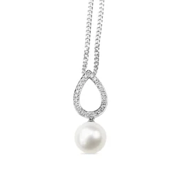 9ct White Gold Tear Drop Diamond and Fresh Water Pearl Necklace