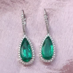 18ct White Gold Teardrop Emerald and Diamond Halo Earrings