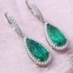 18ct White Gold Teardrop Emerald and Diamond Halo Earrings