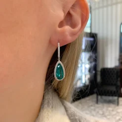 18ct White Gold Teardrop Emerald and Diamond Halo Earrings