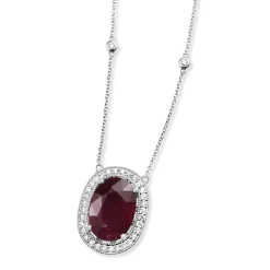 18ct White Gold Treated Ruby and Diamond Halo Necklace