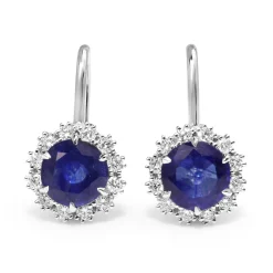 18ct White Gold Treated Sapphire and Diamond Halo Drop Earrings