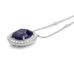 18ct White Gold Treated Sapphire and Diamond Halo Necklace