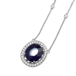 18ct White Gold Treated Sapphire and Diamond Halo Necklace