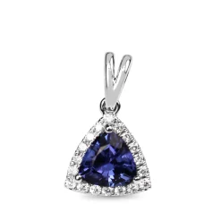 18ct White Gold Trillion Cut Tanzanite and Diamond Halo Pendant