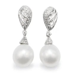 14ct White Gold Vintage Diamond 12mm South Sea Pearl Earrings