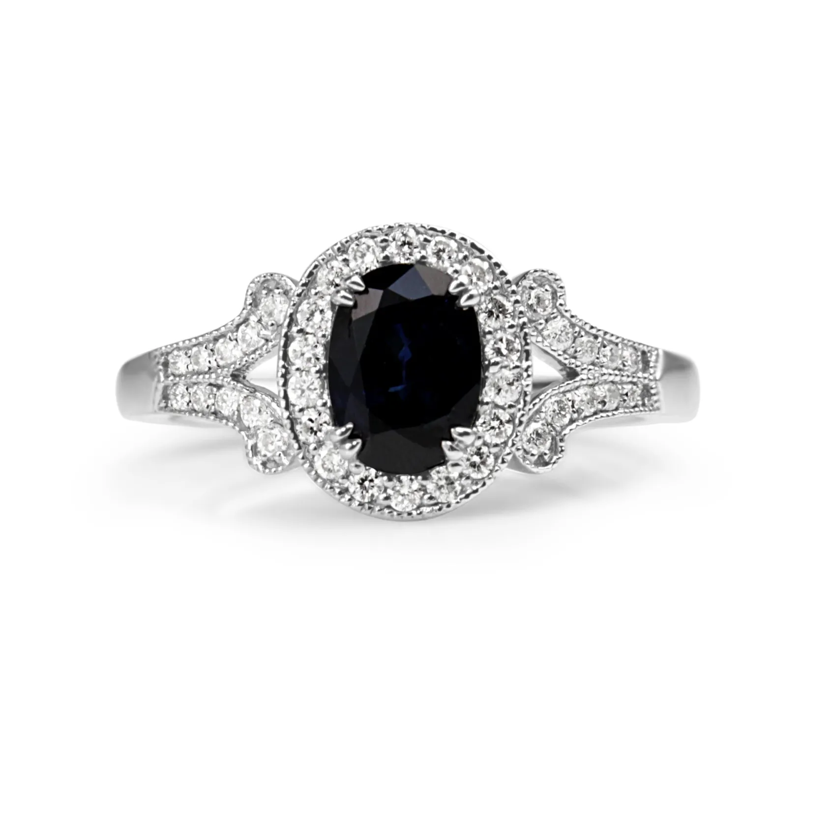 18ct White Gold Vintage Style Sapphire and Diamond Ring