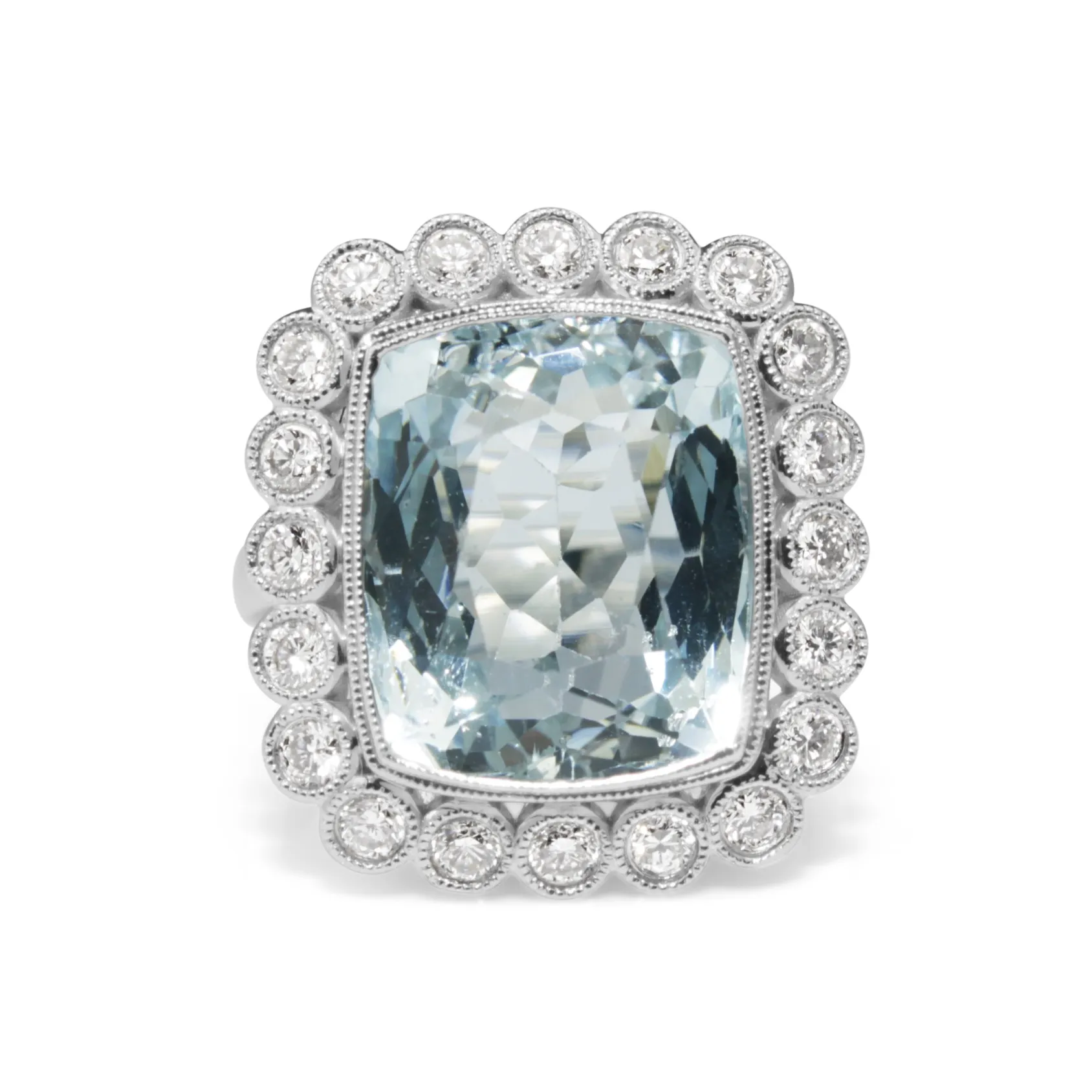 18ct White Gold Vintage Style Aquamarine and Diamond Halo Ring