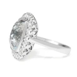 18ct White Gold Vintage Style Aquamarine and Diamond Halo Ring