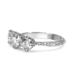 18ct White Gold Vintage Style 3 Stone Diamond Ring with Etched Band