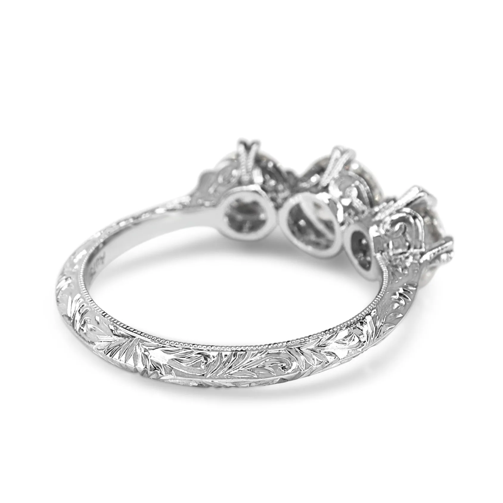 18ct White Gold Vintage Style 3 Stone Diamond Ring with Etched Band