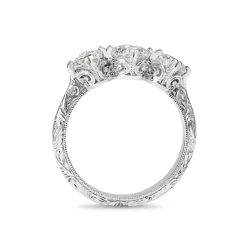 18ct White Gold Vintage Style 3 Stone Diamond Ring with Etched Band