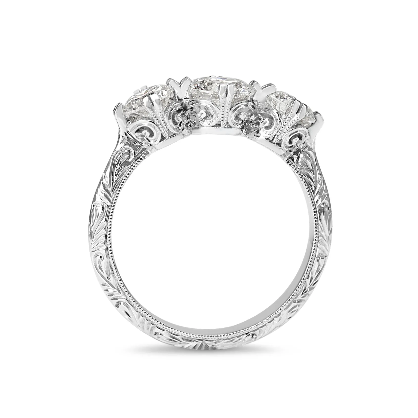 18ct White Gold Vintage Style 3 Stone Diamond Ring with Etched Band