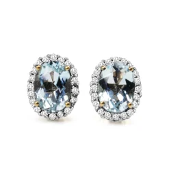 9ct Yellow and White Gold Aquamarine and Diamond Halo Earrings