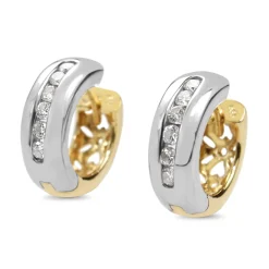 14ct Yellow and White Gold Channel Set Diamond Hoop Earrings