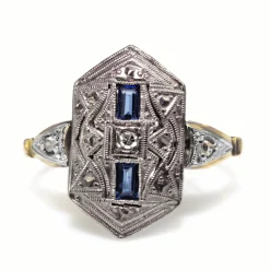 18ct Yellow and White Gold Art Deco Sapphire and Old Cut Diamond Ring