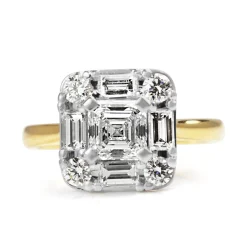 18ct Yellow and White Gold Asscher and Baguette Diamond Ring