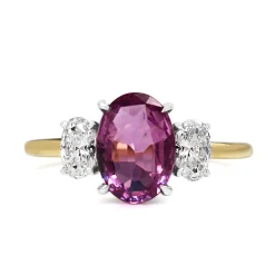 18ct Yellow and White Gold Oval Pink Sapphire and Diamond 3 Stone Ring