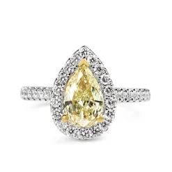 18ct Yellow and White Gold Fancy Yellow Pear Diamond Halo Ring