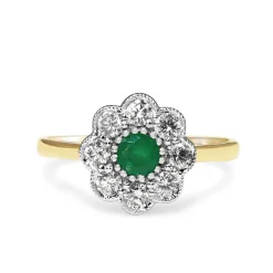 9ct Yellow and White Gold Emerald and Diamond Daisy Ring