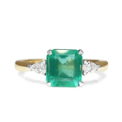 18ct Yellow and White Gold Emerald and Pear Cut Diamond 3 Stone Ring