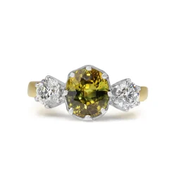 18ct Yellow and White Gold Vintage Style 3 Stone Yellow / Parti Sapphire and Diamond Ring