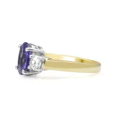 18ct Yellow and White Gold Tanzanite and Old Cut Diamond 3 Stone Ring