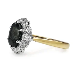 18ct Yellow and White Gold Teal Sapphire and Diamond Daisy Ring