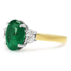 18ct Yellow and White Gold Emerald and Diamond Oval 3 Stone Ring