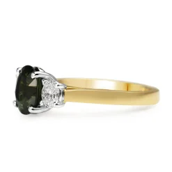 18ct Yellow and White Gold Green Sapphire and Oval Diamond 3 Stone Ring