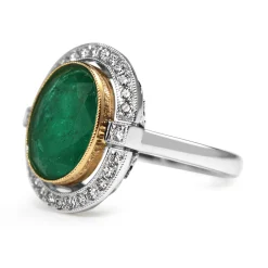18ct Yellow and White Gold Deco Style 3.70 Emerald and Diamond Halo Ring