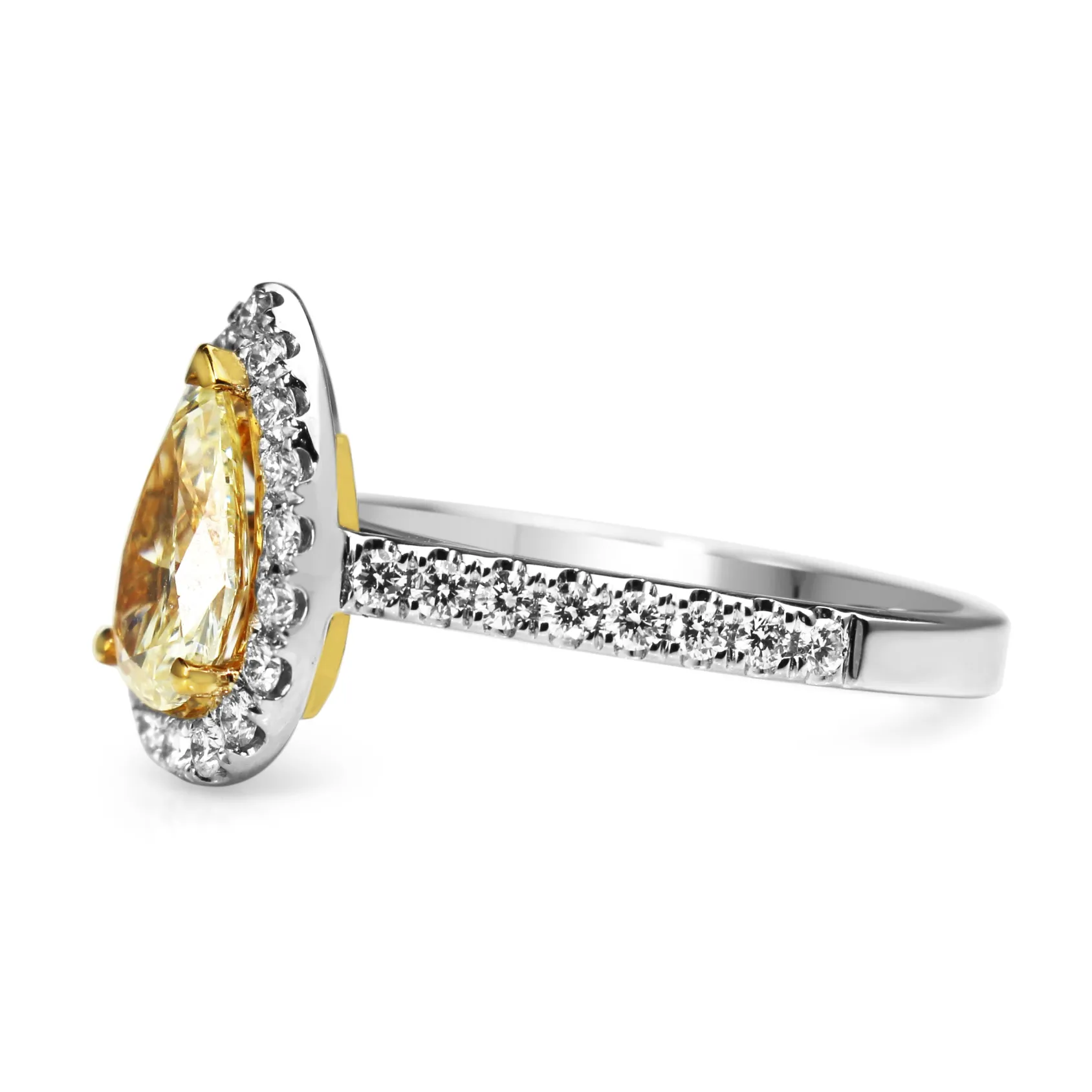18ct Yellow and White Gold Fancy Yellow Pear Diamond Halo Ring