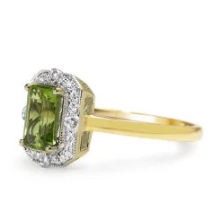 9ct Yellow and White Gold Deco Style Peridot and Diamond Halo Ring
