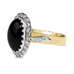 18ct Yellow and White Gold Vintage Onyx and Single Cut Diamond Daisy Ring