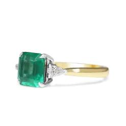 18ct Yellow and White Gold Emerald and Pear Cut Diamond 3 Stone Ring