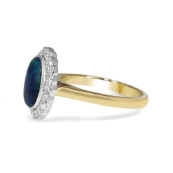 18ct Yellow and White Gold Black Opal and Diamond Daisy Halo Ring