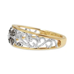 9ct Yellow and White Gold Champagne and White Diamond Floral Band Ring