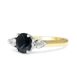 18ct Yellow and White Gold Sapphire and Pear Shaped Diamond 3 Stone Ring
