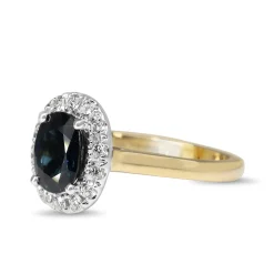 18ct Yellow and White Gold Oval Sapphire and Diamond Halo Ring