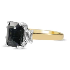 18ct Yellow and White Gold Teal/Parti Sapphire and Tapered Baguette Diamond 3 Stone Ring