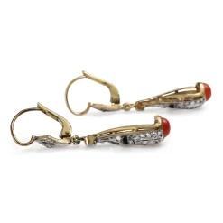 18ct Yellow and White Gold Art Deco Onyx, Coral and Rose Cut Diamond Earrings