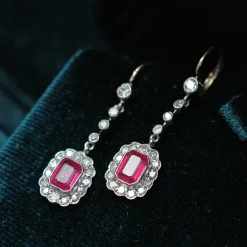 18ct Yellow and White Gold Antique Ruby and Old / Single Cut Diamonds Drop Earrings