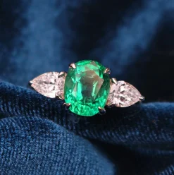 18ct Yellow and White Gold Emerald and Pear Shaped Diamond 3 Stone Ring