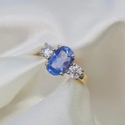 18ct Yellow and White Gold Oval Sapphire and Diamond 3 Stone Ring
