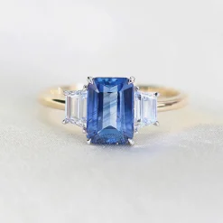 18ct Yellow and White Gold Emerald Cut Sapphire and Baguette Diamond Ring